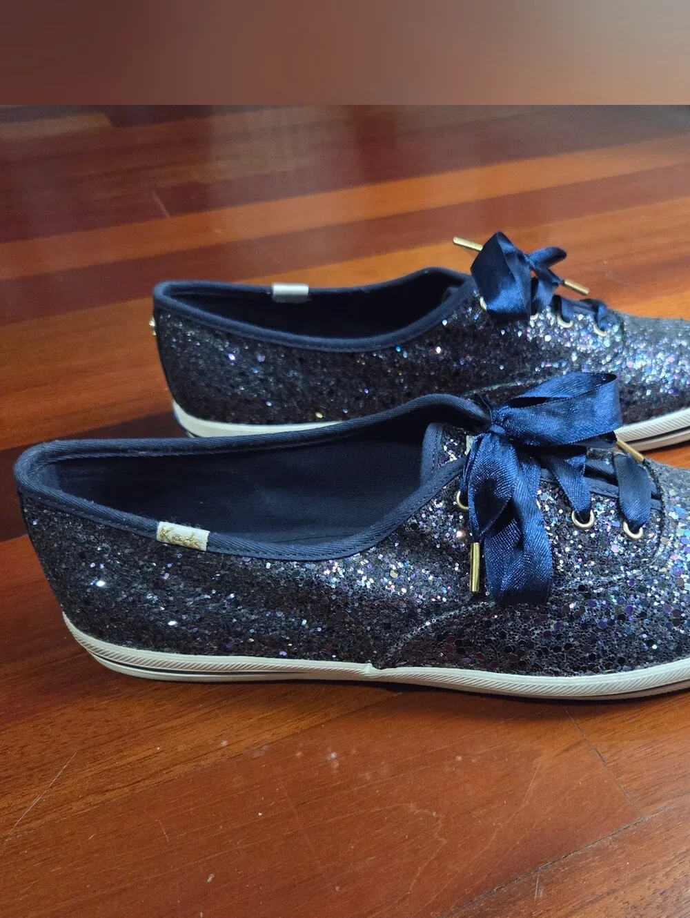 Keds x Kate Spade navy glitter lace-up sneakers with satin laces, Women's 11